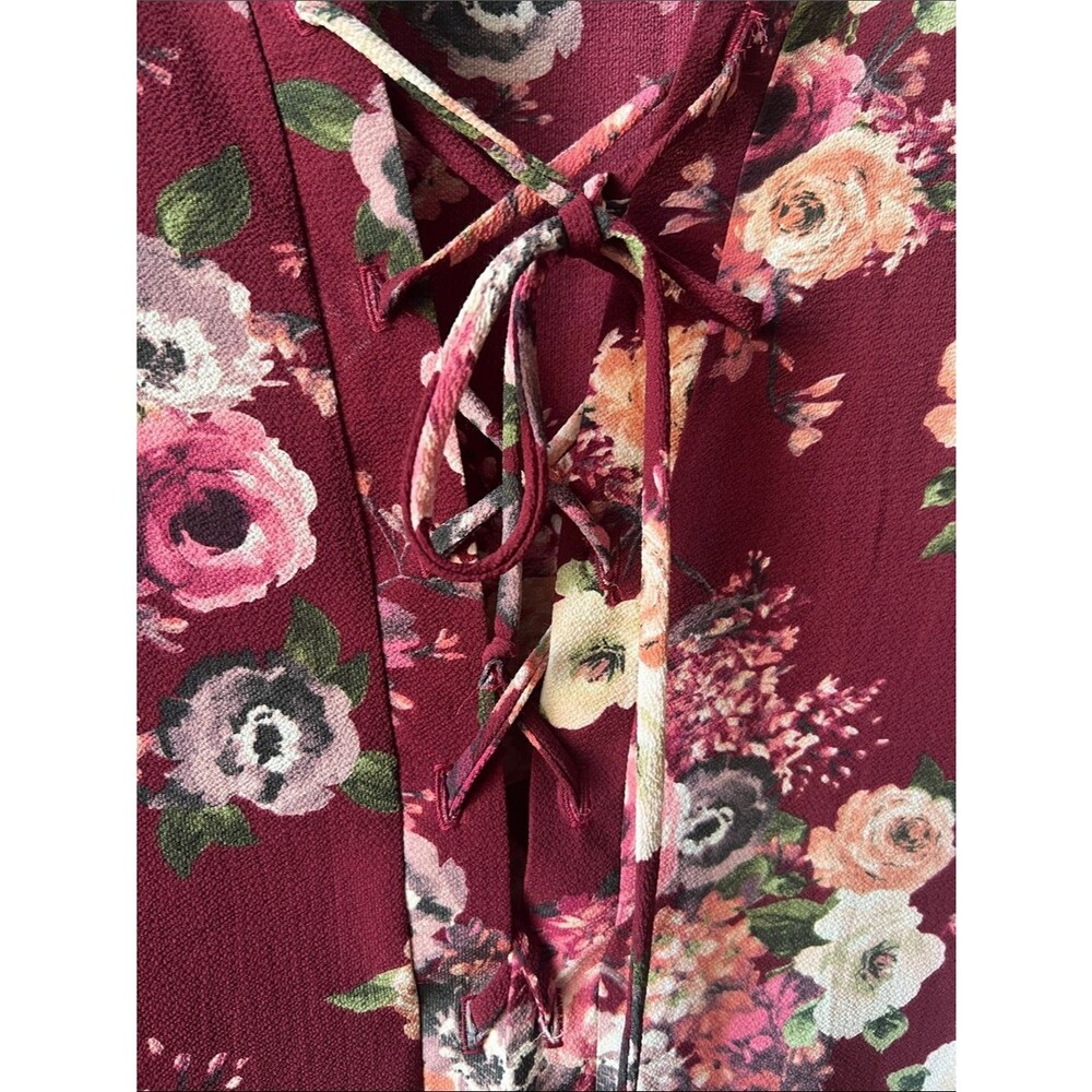 Women's Burgundy Floral Lace-Up Long Sleeve Dress - Picture 2 of 6